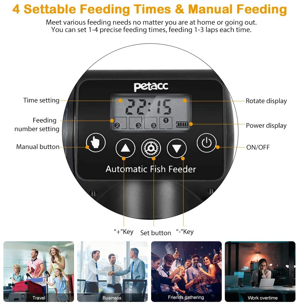  Petacc Alimentador Automático Acuario Multifuncional Comedero Peces Automático con Pantalla LCD y el Tiempo de Alimentación Configuración, Adecuado para Acuario, Pecera (200ml, Negro) 
