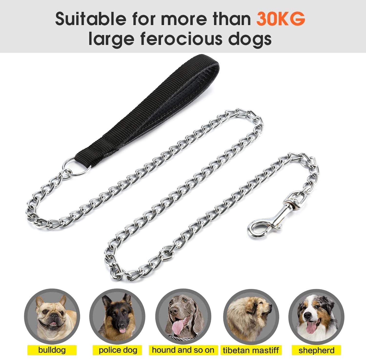  Petcomer Cadena de perro pesado con mango de nylon acolchado con cinturón de metal cromado (Negro, M-4*3.0mm) 