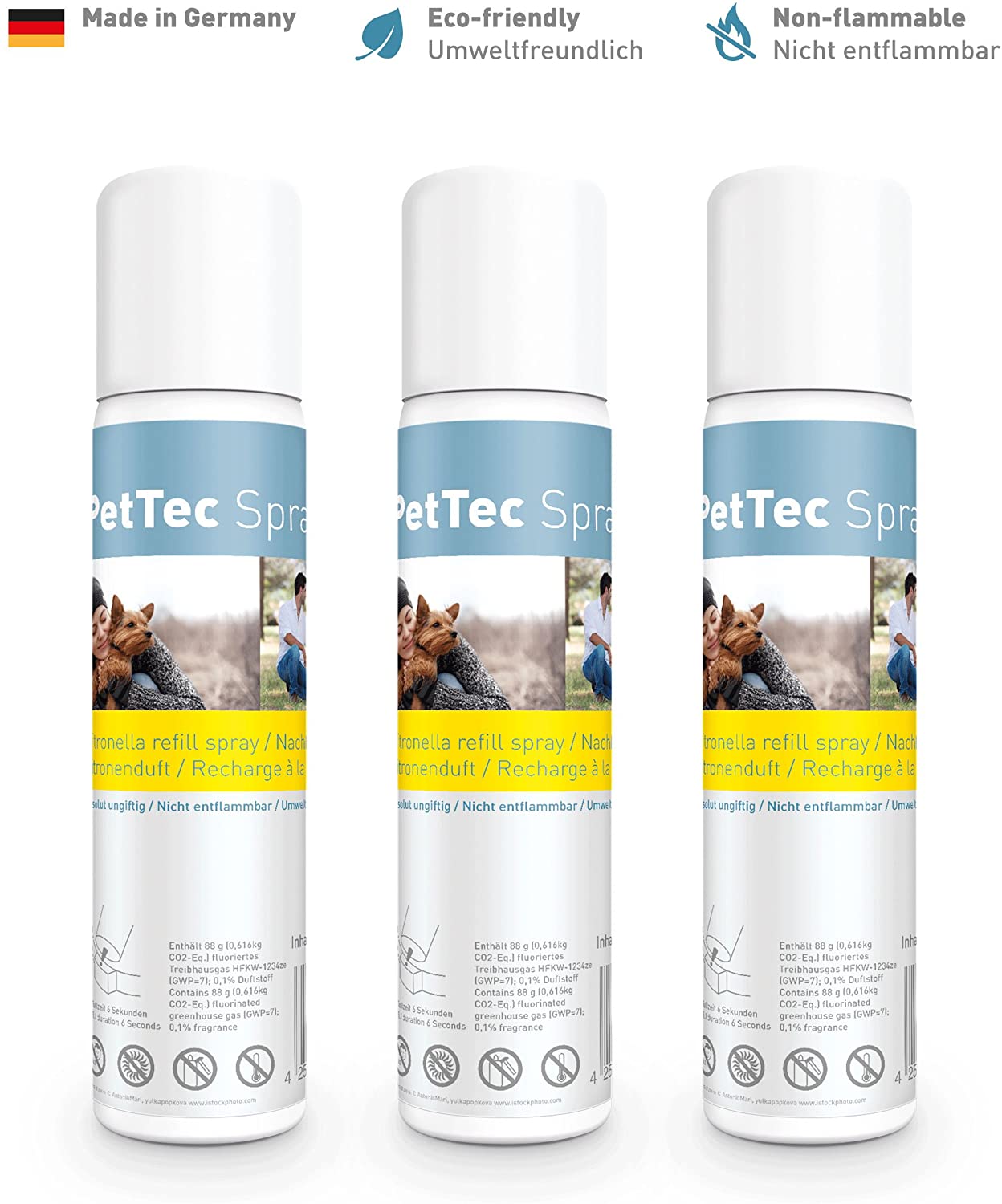  PetTec Spray Made in Germany, Lata de Repuesto para Collares de Entrenamiento, seguro para Perros y Personas, Respetuoso del Medio Ambiente y Antialérgico, ofrece un 25% más, Set de 1 o 3, 75 ml, Citronela o Neutro 