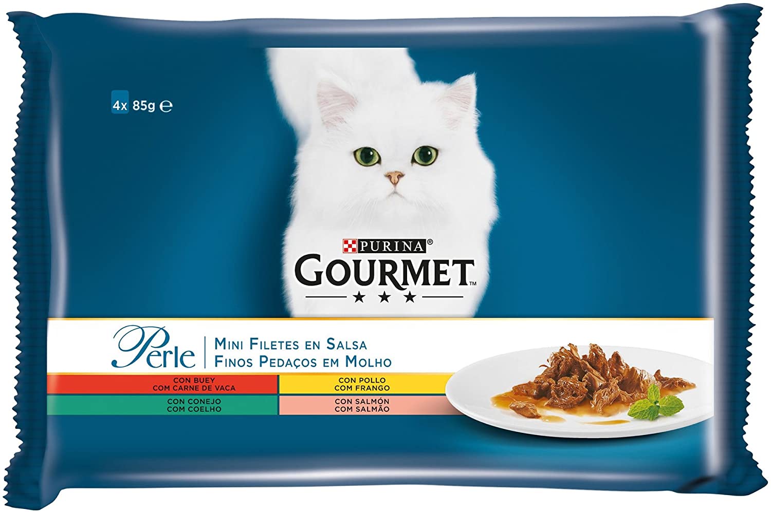  Purina Gourmet Perle Finas Láminas en Salsa comida para gato en Variedades de Buey, Pollo, Conejo y Salmón 12 x [4 x 85 g] 