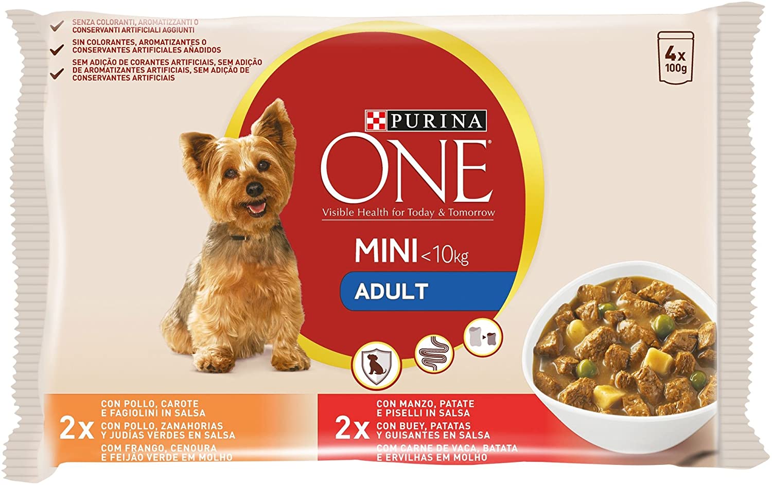  Purina ONE MINI comida para perros húmeda en Salsa Perro Adulto Pollo y Buey 10 x [4 x 100 g] 