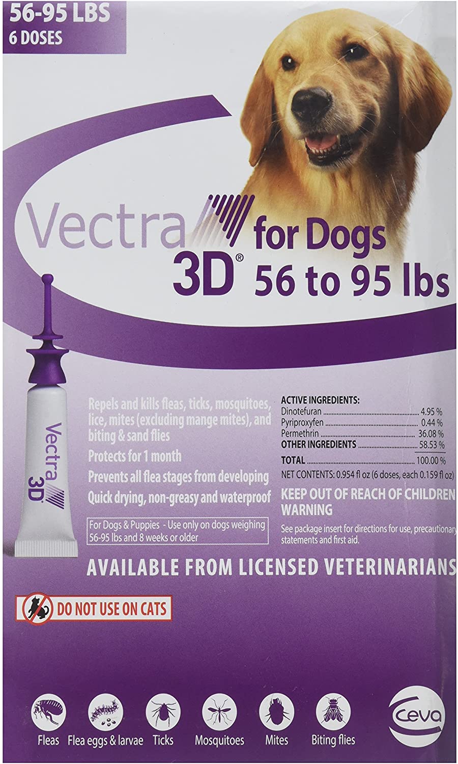 Púrpura 3D Vectra para Perros 56-95 lbs - 6 dosis 
