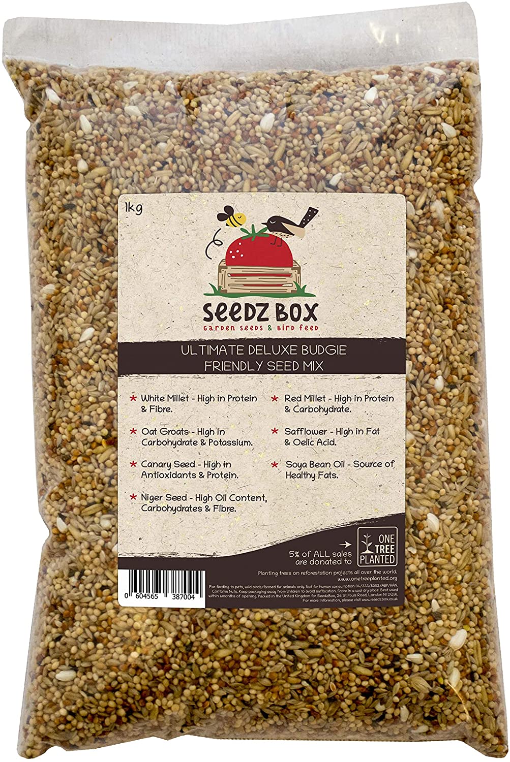  SeedzBox Mezcla Premium de semillas para periquitos. Comida para aves. Dieta equilibrada -alpiste, mijo blanco/ rojo, avena y negrillo, de alta calidad y saludable. Alto en proteína y fibra. Bolsa 1kg 