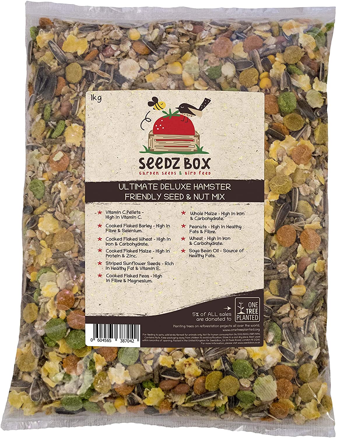  Seedzbox mezcla premium de semillas y pellets para hámsteres, jerbos y ratones. Comida para roedores, natural, sana, completa –pipas, cacahuetes, maíz, guisantes, cebada, con vitamina C. Bolsa 1kg 