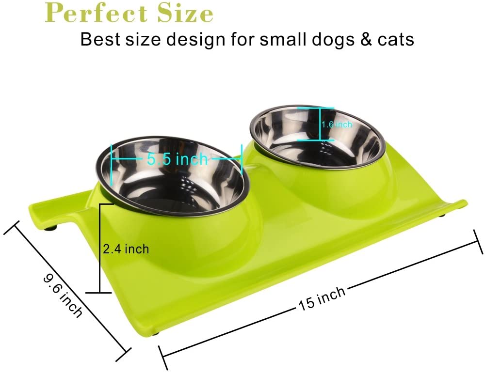  ShareWe Cuencos Doble para Perro Gato Animal Mascotas Cuencos Alimento Agua Platos de Acero Inoxidable con Diseño Antideslizante y Antiderrames (Verde) 
