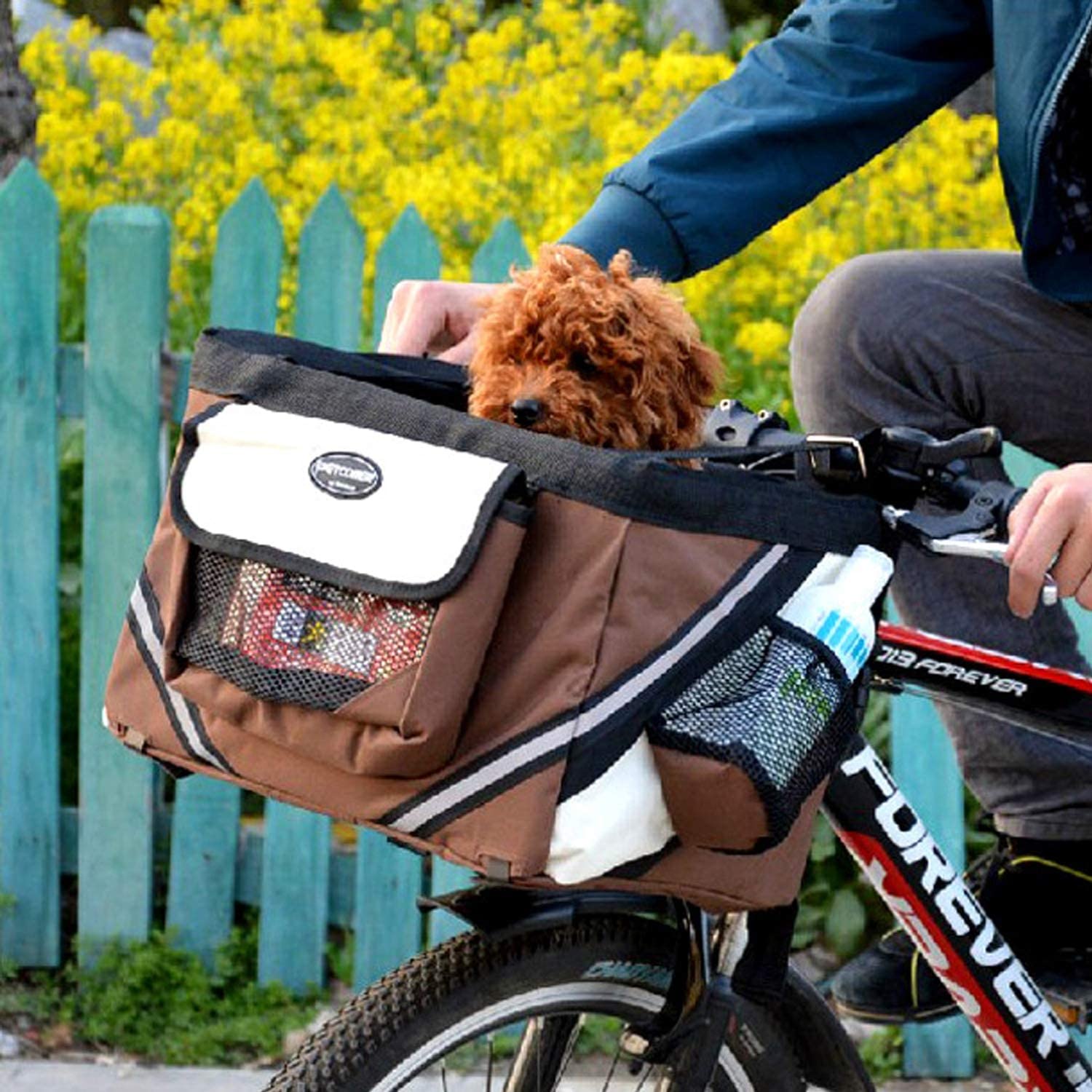  SJWR Bolsa para Cesta De Bicicleta Portador Mascotas, Delantera Perro Cachorro, Asiento Viaje Gatos Pequeños, con La Seguridad Tu Mascota,Black 