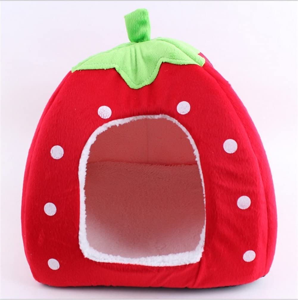  Sungpunet - Caseta con encantador diseño de fresa de suave cachemira, cálida, para mascotas, perro, gato, cama-caseta plegable, color rojo 