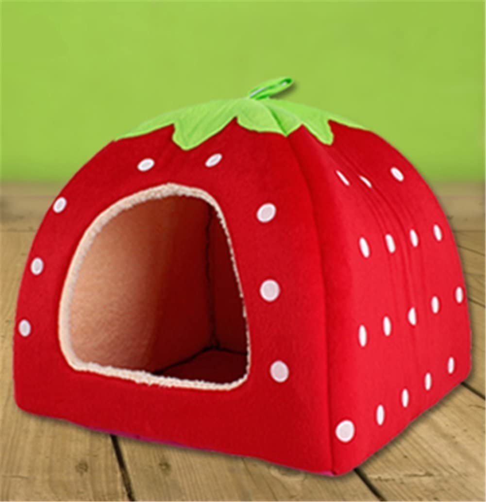  Sungpunet - Caseta con encantador diseño de fresa de suave cachemira, cálida, para mascotas, perro, gato, cama-caseta plegable, color rojo 