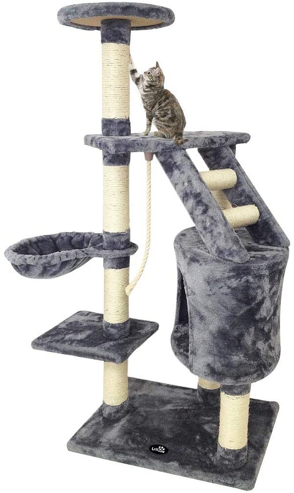  Todeco - Árbol para Gatos, Escalador para Gatos - Material: MDF - Tamaño de la casa de Gato: 30,0 x 30,0 x 42,9 cm - 120 cm, 5 Plataformas, Gris 