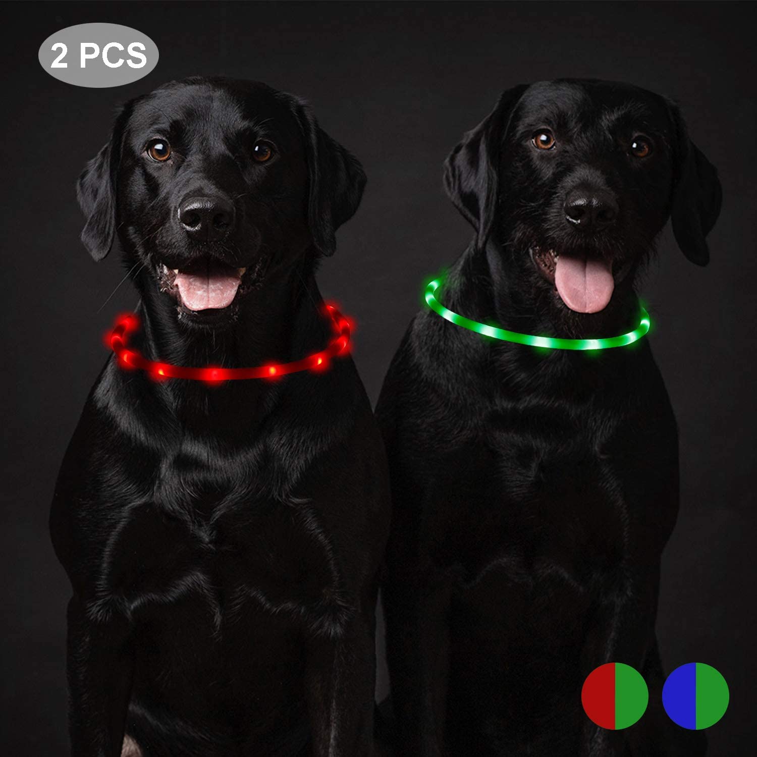  Toozey 2 Pcs Luminoso Collares para Perro LED Durante 20 Horas de Luz Continua Impermeable, USB Recargable Cortable Tira de Luz para Collar de Perro de Seguridad Nocturna - 3 Modo(Verde y Rojo) 