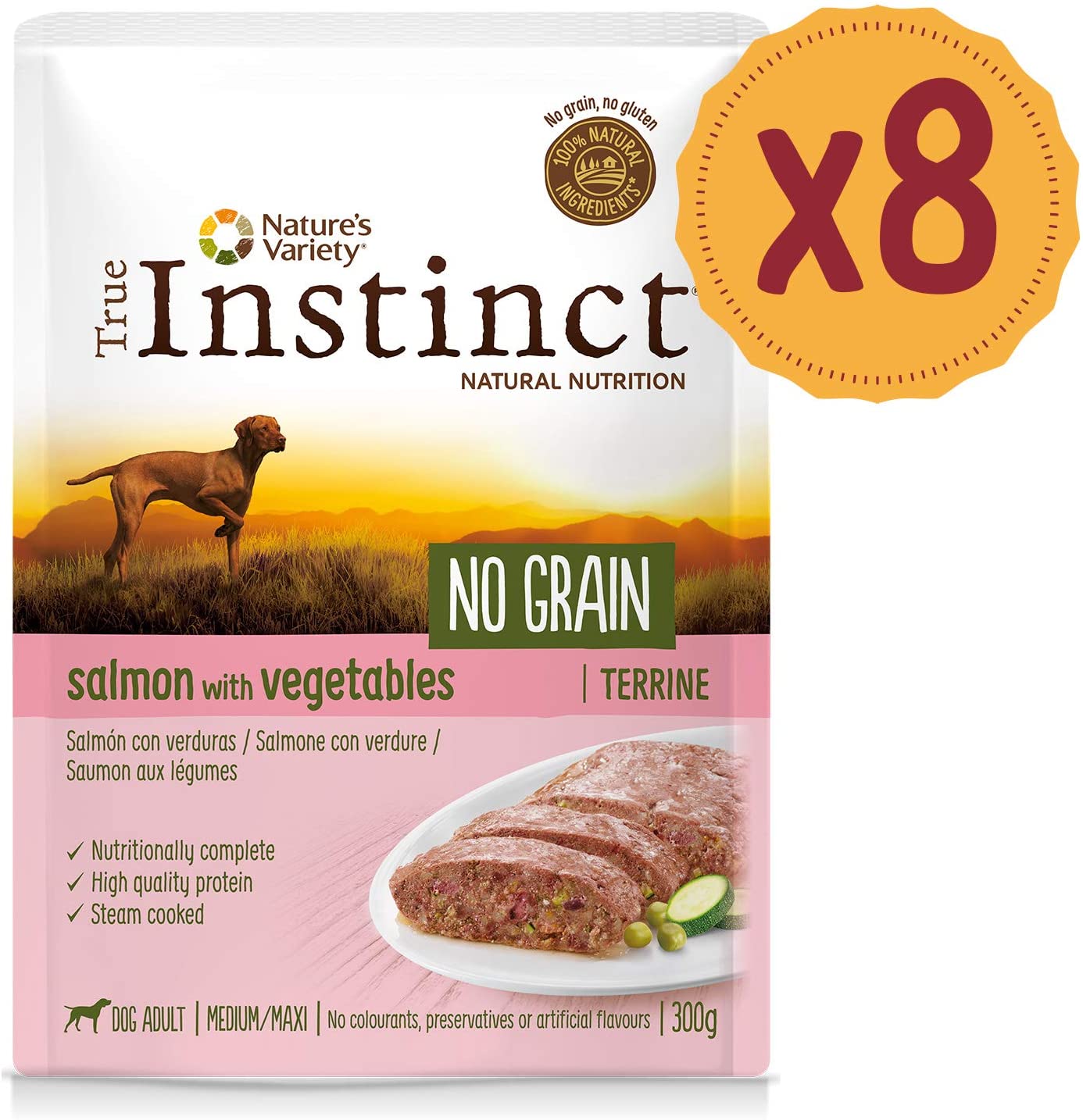  True Instinct No Grain Terrina para Perros Medium-Maxi Adult con Salmón y Verduras - 8 x 300 gr 