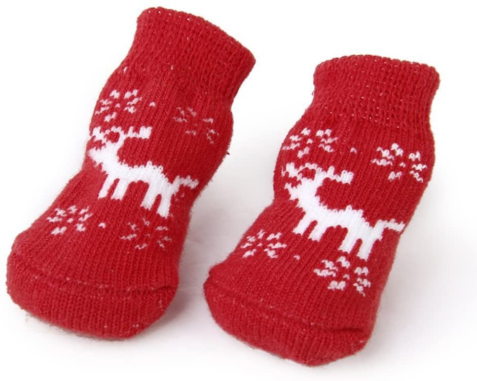  UEETEK 4pcs Calcetines Antideslizantes del Gato del Perrito del Estilo del Reno de la Navidad con Impresiones de la Pata - para el Perro pequeño 