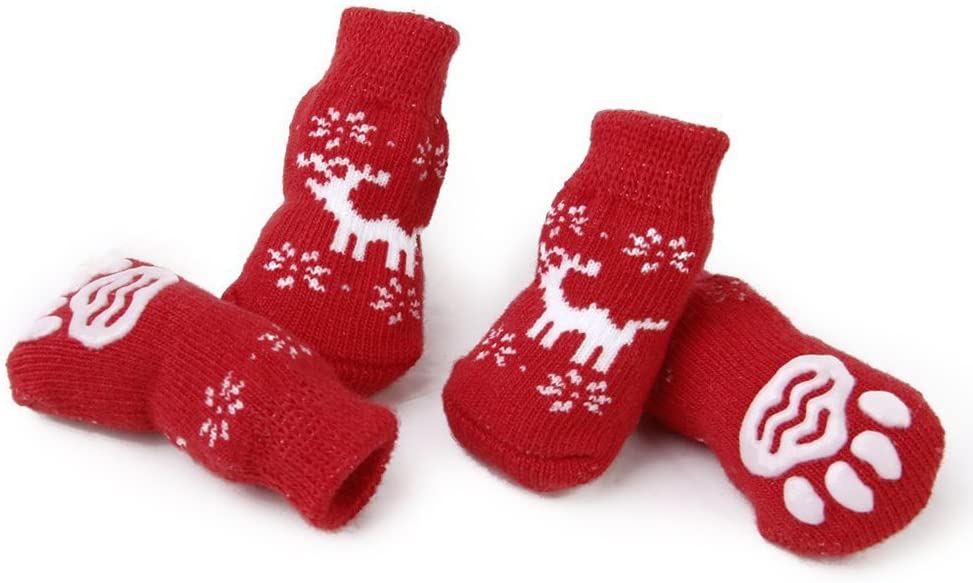  UEETEK 4pcs Calcetines Antideslizantes del Gato del Perrito del Estilo del Reno de la Navidad con Impresiones de la Pata - para el Perro pequeño 