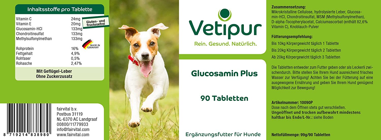  Vetipur Glucosamina Plus para perros - 90 comprimidos - Con Glucosamina, Condroitina, MSM, Vitamina C y Vitamina E - ¡Calidad Alemana garantizada! 