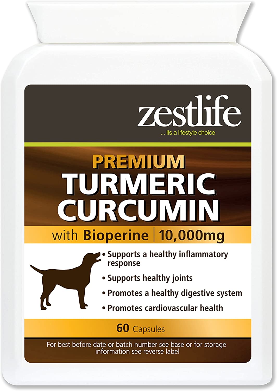  Zestlife Cúrcuma para perros 500 mg extracto equivalente a 10,000 mg. Suplemento antiinflamatorio para articulaciones y caderas. 60 cápsulas 