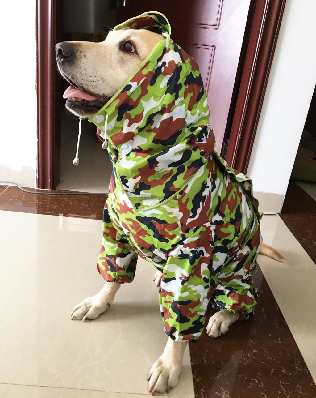 ZoonPark® - Chubasquero para cachorro de perro, cuatro patas, impermeable, poliéster, adorable, con capucha de camuflaje, ropa impermeable para Golden Retriever Labrador Husky pequeño mediano y grande 