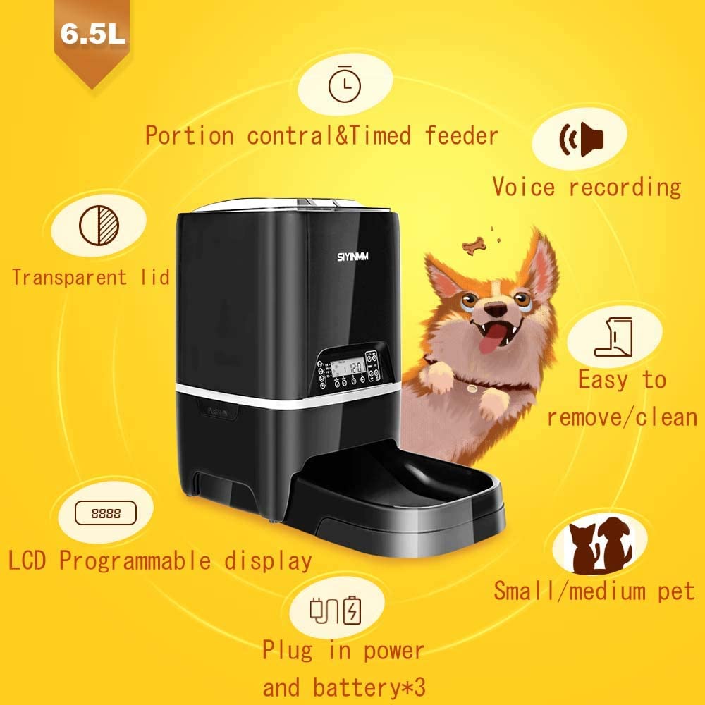  6.5 Litros Comedero Automático para Perros y Gatos Mascota Feeder Distributore con Recordatorio por Voz,4 Comidas, Temporizador Programable, Comedero Electrónico Automático Mediano y Pequeño (Nero) 