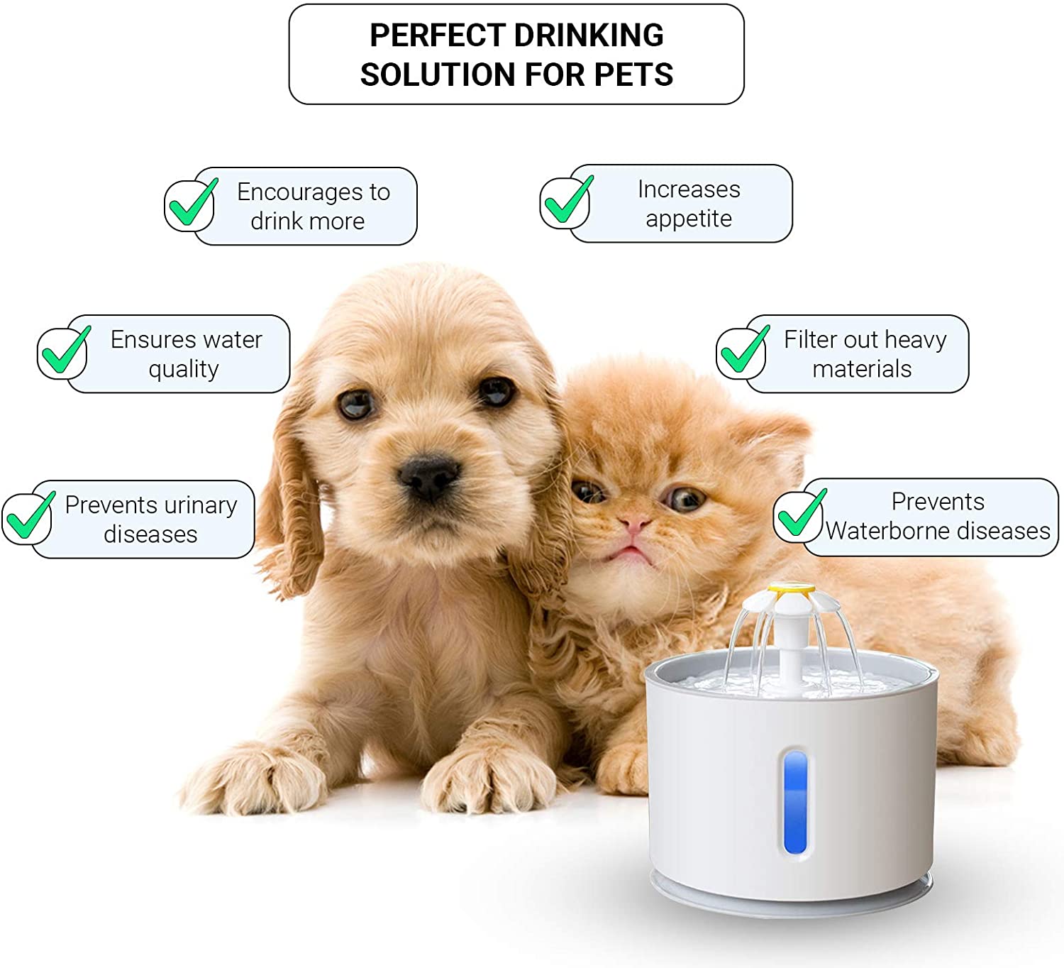 ADOV Fuente para Gatos, 2.4L Dispensador Automático de Agua Eléctrico con Filtro de Repuesto, Flor Portátil Estilo Bebedero Mascotas para Perros y Pequeños Animales – Gris 