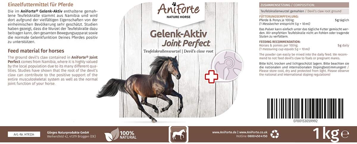  AniForte Garra del diablo en polvo para caballos 1kg - producto 100% natural para articulaciones, tendones y ligamentos. Ayuda a la movilidad y a la función articular, de alta aceptación 