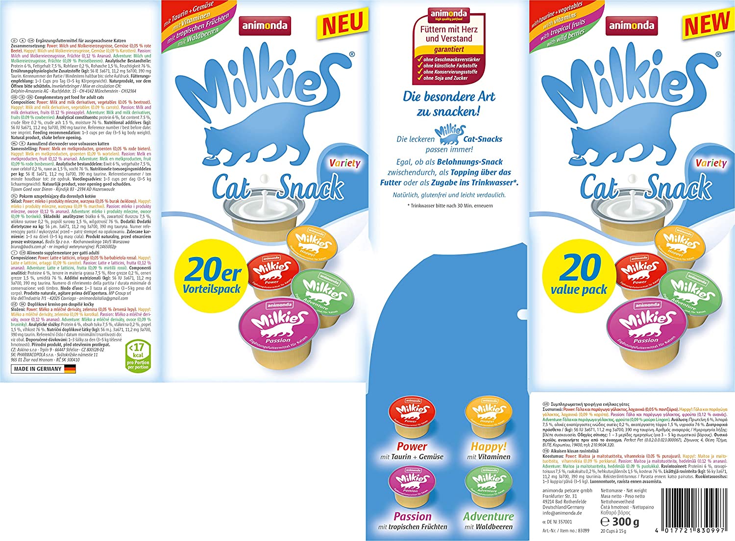  Animonda Milkies Leche para Gato, multipaquete en porciones, 4 Paquetes de 20 x 15 g 