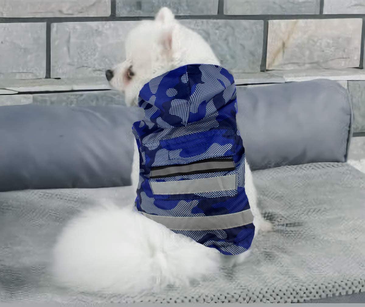  Babydog Abrigo Chaleco Impermeable para Perro con Capucha, Forro Transpirable y Sin Mangas, Cierre Velcro, Bolsillo Espalda, Modelo Camuflaje Militar (XL, Azul) 