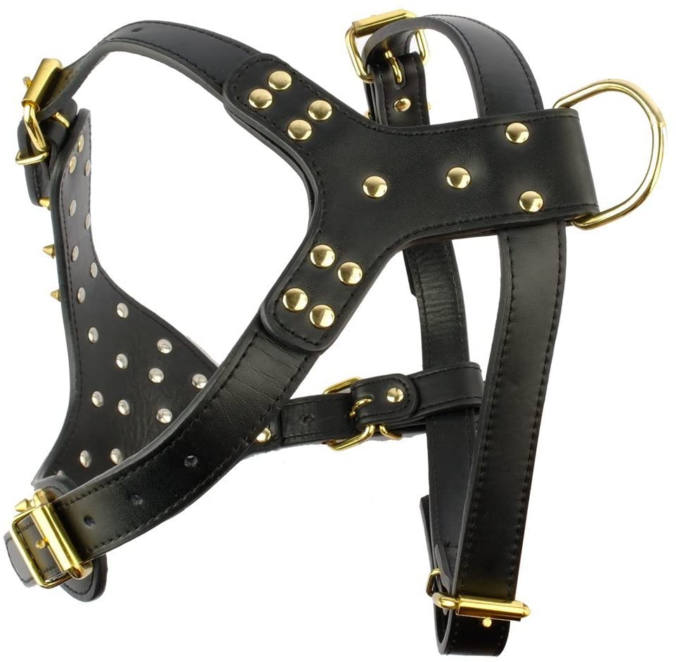  BERRY Negro Piel con picos de oro tachonado Collar de mediano y grande perros & correa y arnés 3 pcs Set para Boxer de Pitbull 