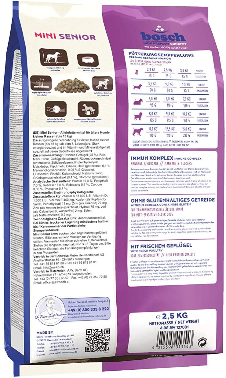  bosch HPC Mini Senior | Comida seca para perros mayores de razas pequeñas | Sin gluten | 2,5 kg 