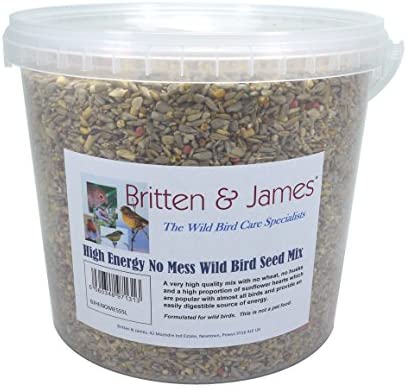  Britten & James® High Energy No Mess Mezcla de Semillas de Wild Bird con Suet añadido en un contenedor de 5 litros con Cierre hermético. Alimenta a los pájaros del jardín Todo el año. 