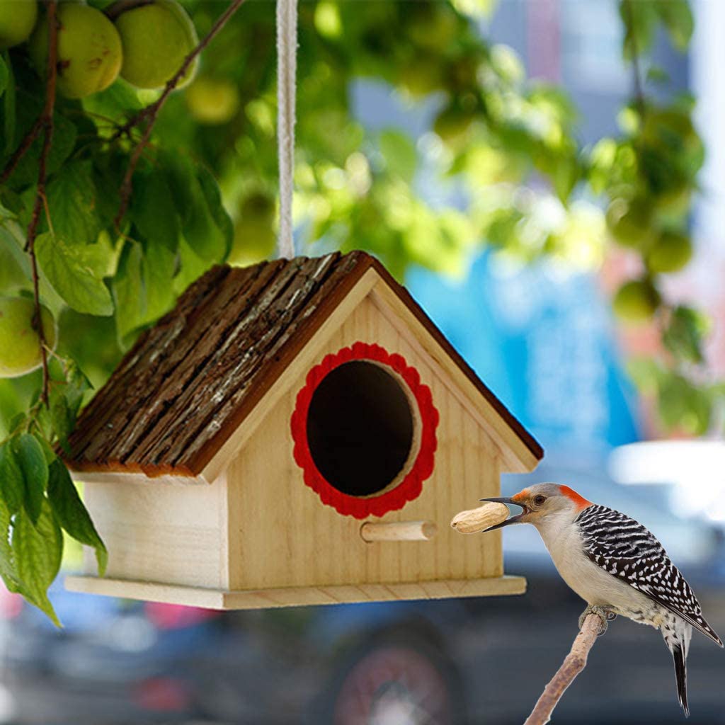  Buleerouy - Casita para pájaros de madera de pájaro, para colgar en el exterior, natural y decorativo 