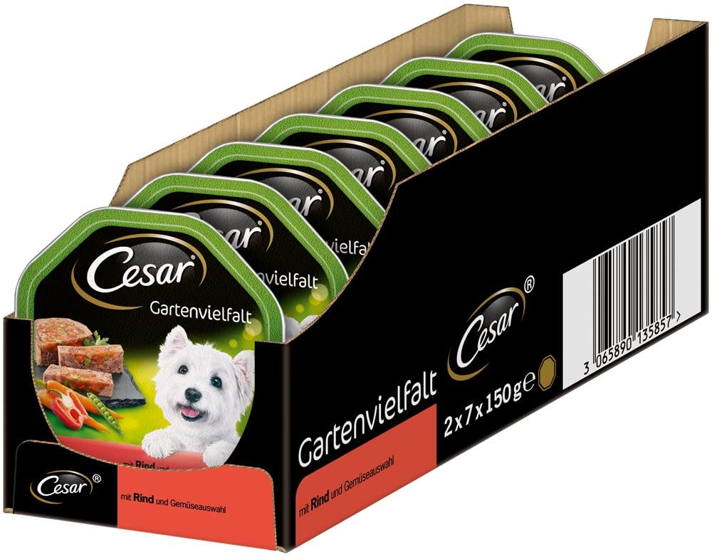  César - Alimentos húmedos para Perros, Variedad de jardín, Carne de res y verduras, 7 paquetes, (7 x 2 tazones x 150 g) 