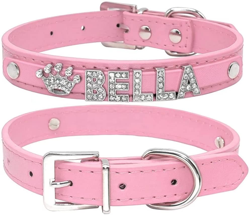  Collar de perro de Berry, de piel sintética, suave, letras y abalorios con cristales de imitación, para perros pequeños y medianos, personalizable rosado, XS(Neck 8-10.5") 
