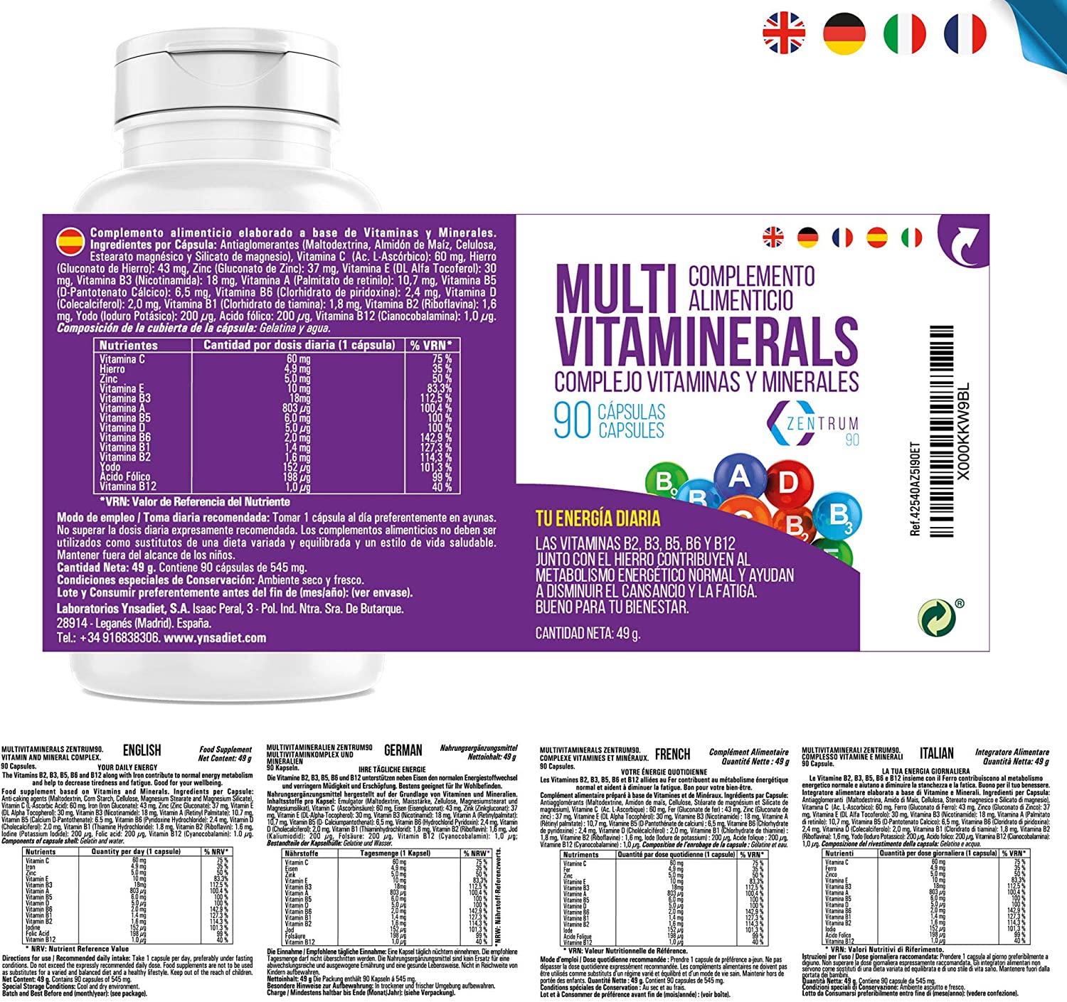  Complejo vitamínico con minerales, vitamina C, vitaminas B2, B3, B5, B6 y B12 y hierro - Multivitamínico para combatir el cansancio, la fatiga y aumentar el bienestar de tu cuerpo (90 cápsulas) 