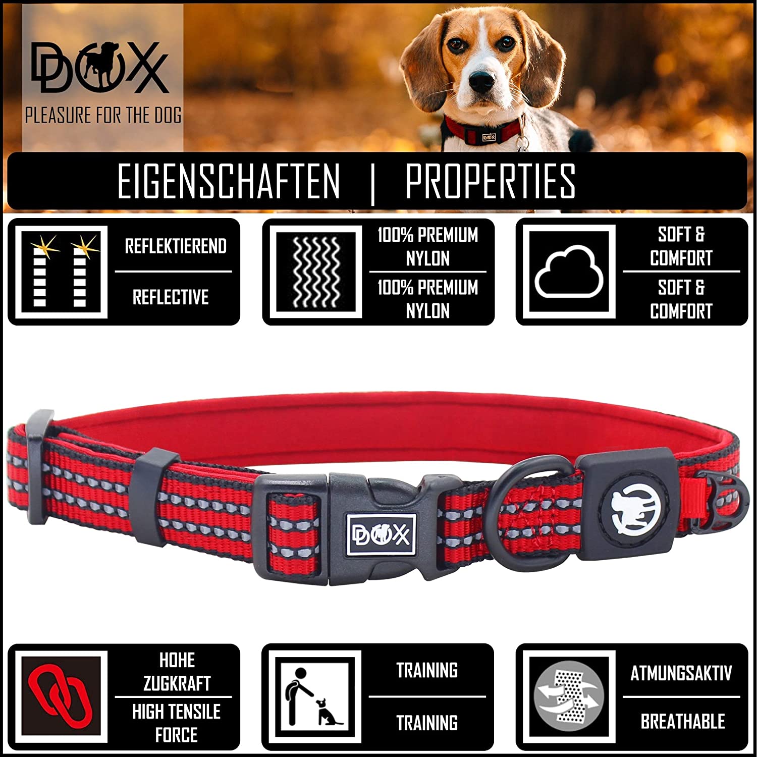  DDOXX Collar Perro Nylon, Ajustable, Reflectante, Acolchado Tamaños | para Perros Pequeño, Mediano y Grande | Collares Accesorios Gato Cachorro | Negro, M 