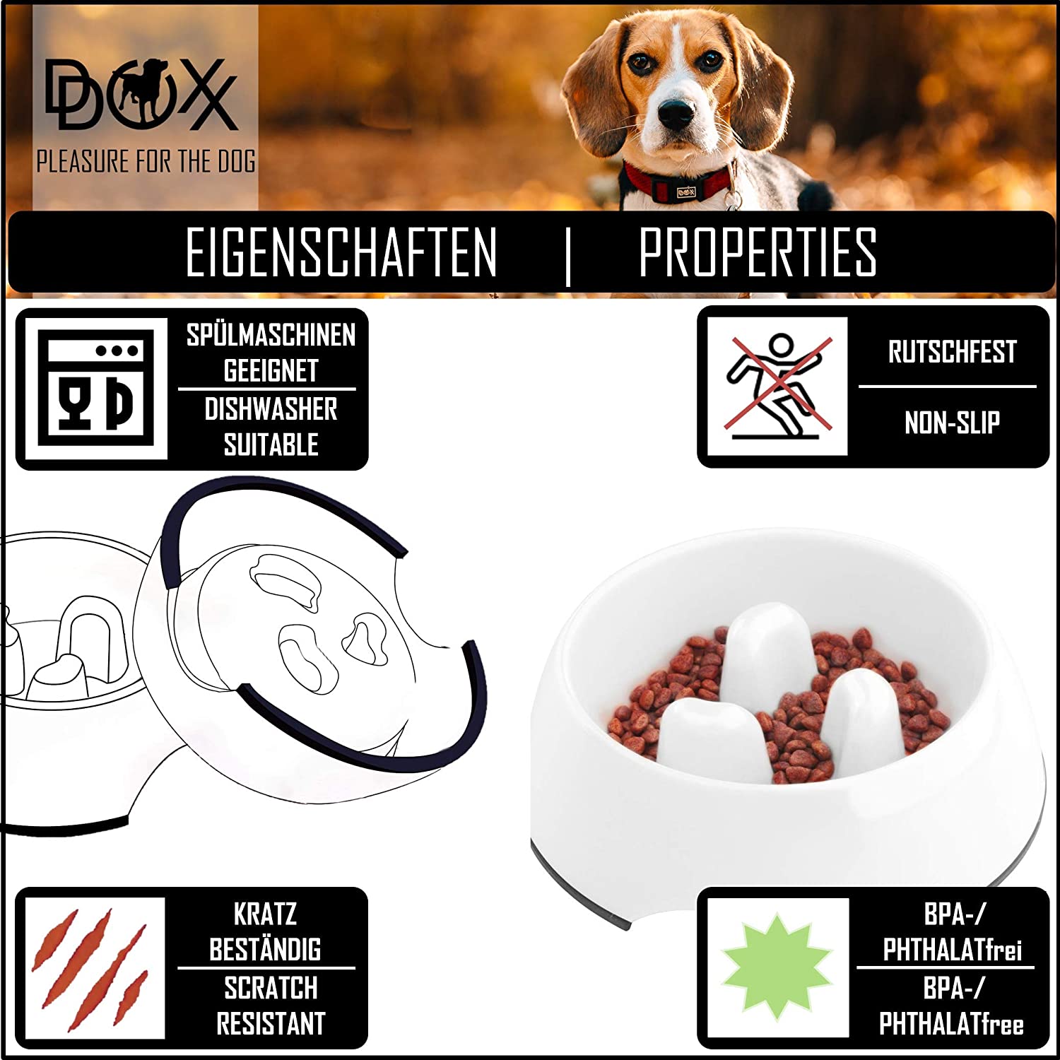  DDOXX Comedero Antivoracidad Perro, Antideslizante Tamaños | para Perros Pequeño, Mediano y Grande | Bol Accesorios Melamina Gato Cachorro | Blanco, 600 ml 