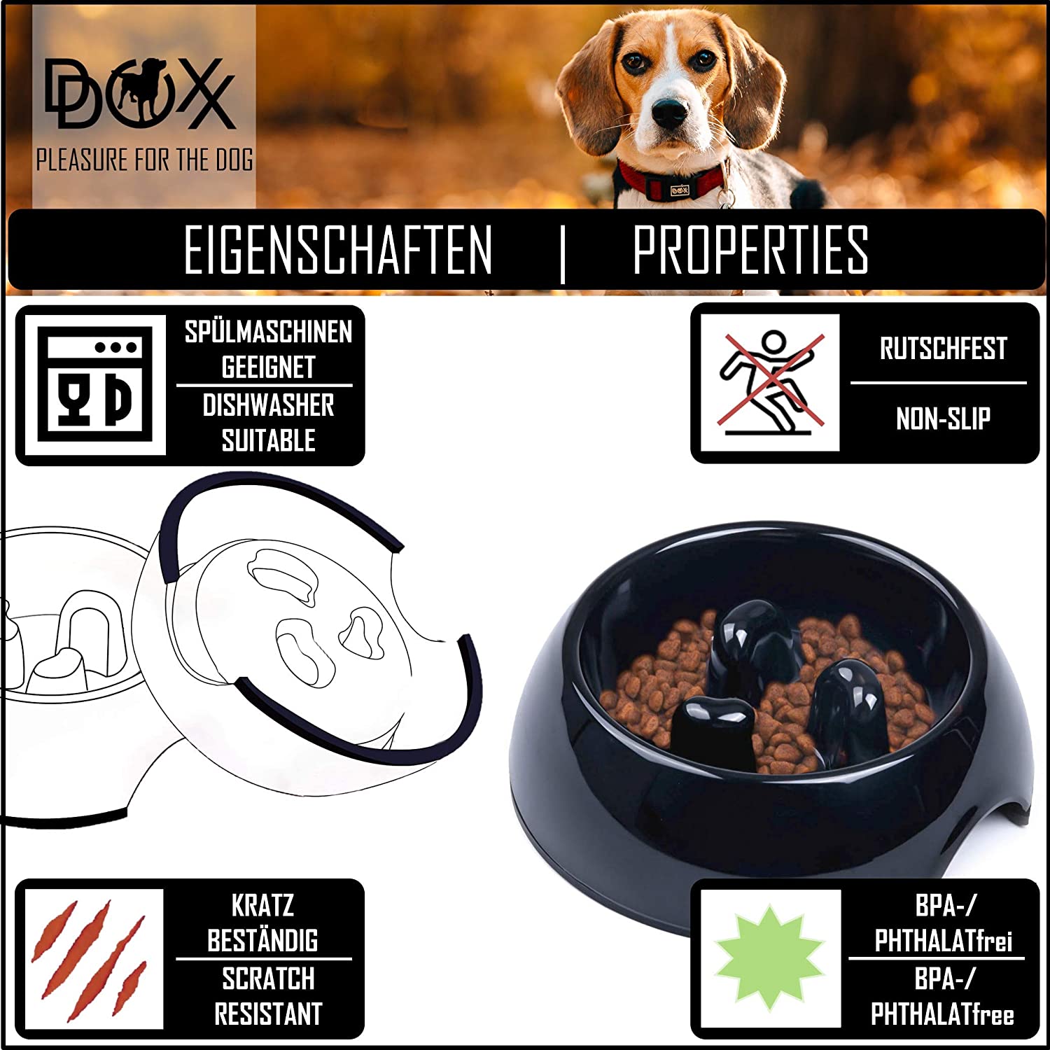 DDOXX Comedero Antivoracidad Perro, Antideslizante Tamaños | para Perros Pequeño, Mediano y Grande | Bol Accesorios Melamina Gato Cachorro | Negro, 300 ml 