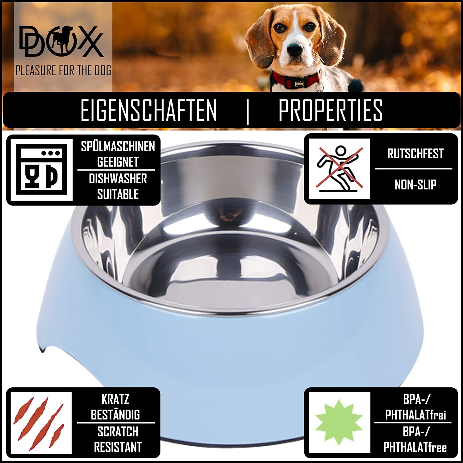  DDOXX Comedero Perro, Antideslizante Tamaños | para Perros Pequeño, Mediano y Grande | Bol Accesorios Acero INOX-Idable Melamina Gato Cachorro | Azul, 160 ml 