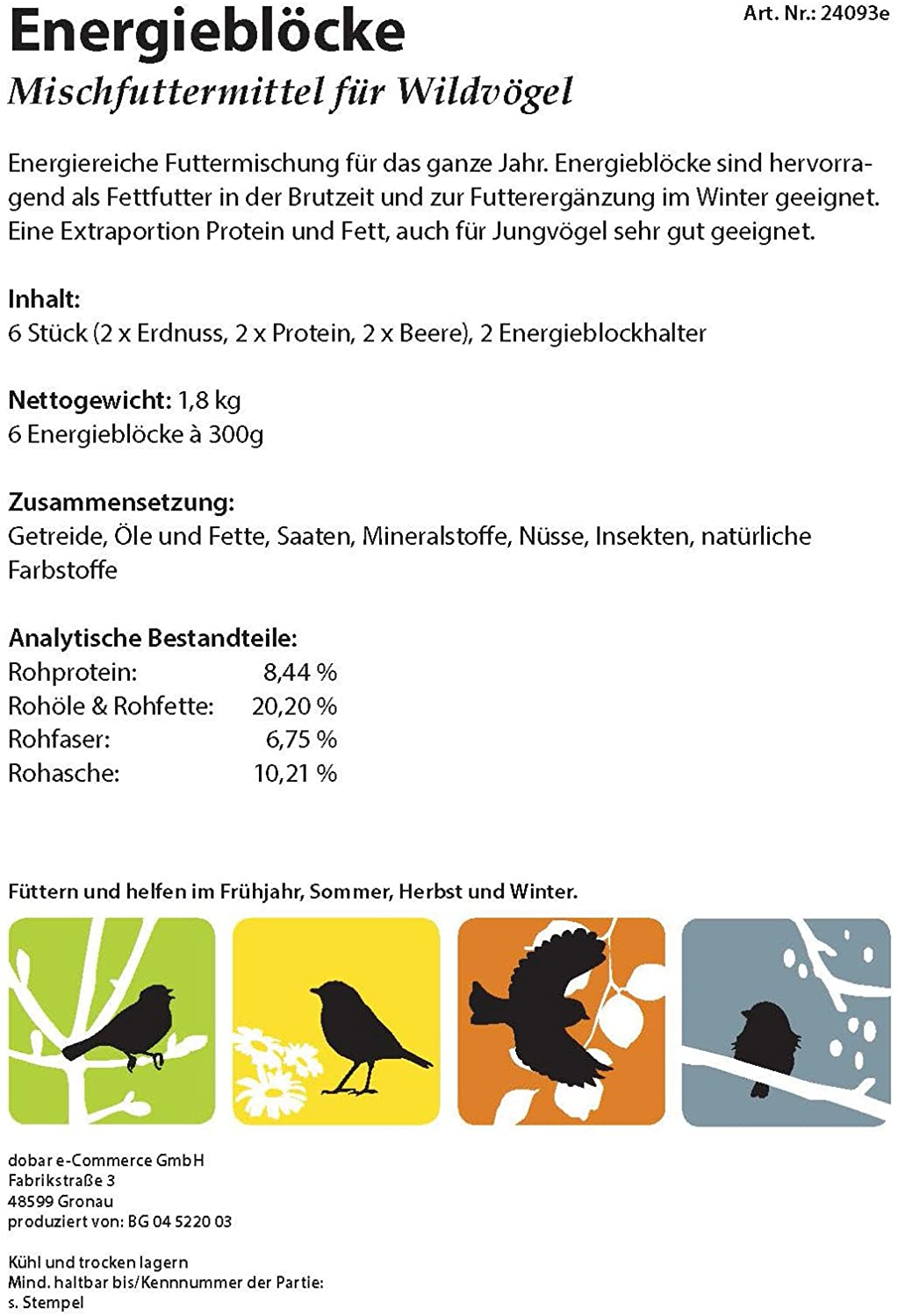  dobar Seis proteinreiche Energía Bloques Grasa Bloques Incluye 2 Comedero Gratis para Colgar, ganzjähriges pájaro Forro Grasa Forro para pájaros Salvajes, 1er Pack (1 x 1.8 kg) 