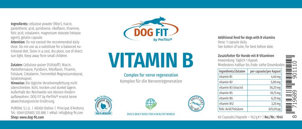  DOG FIT by PreThis Complejo Vitamin B para Perros | para el Sistema nervioso, la espondilosis, la parálisis, los trastornos de coordinación, la incontinencia y Las deficiencias visuales 