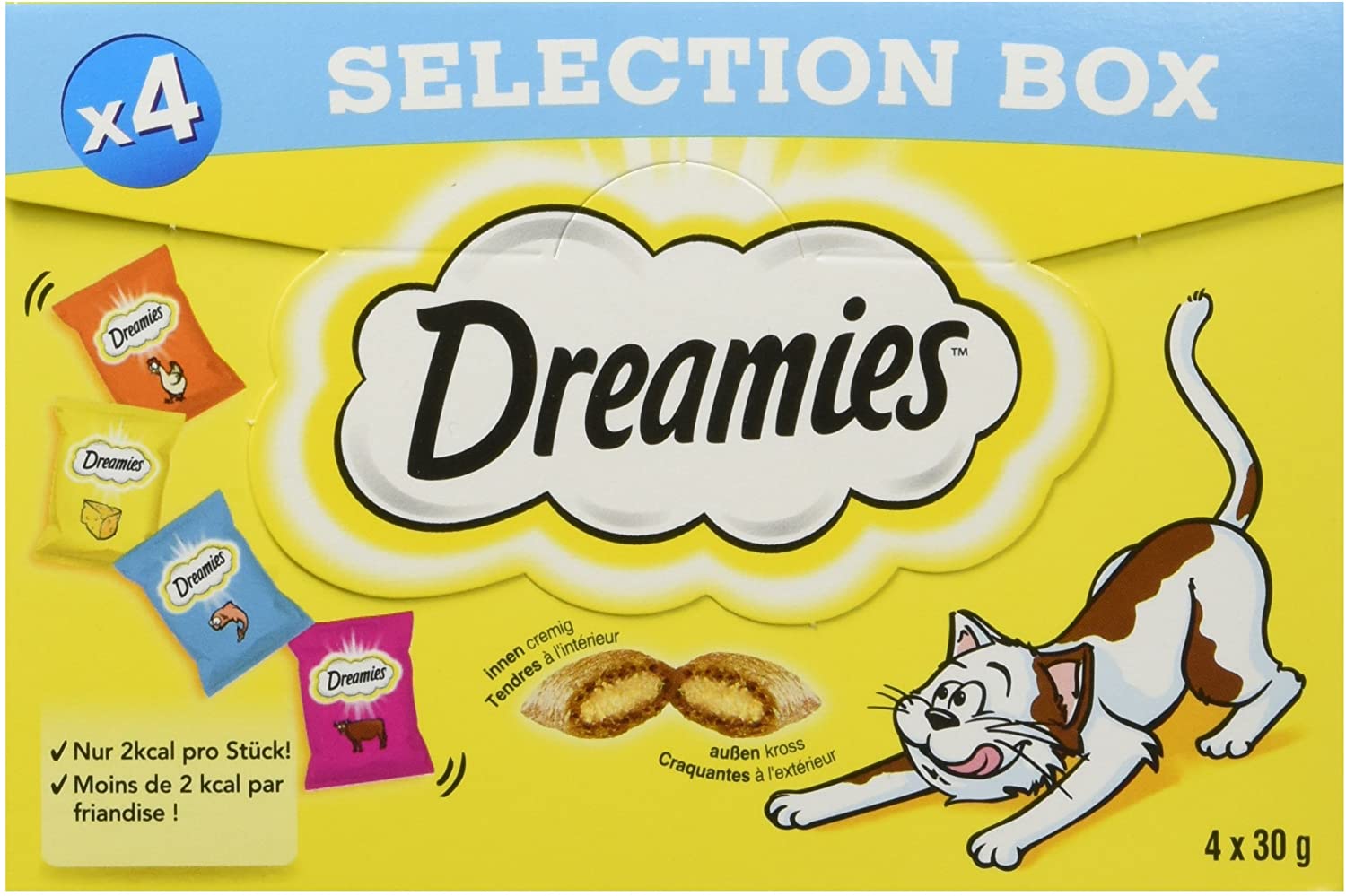  Dreamies clásico Gato Snack Selection Caja con Pollo, Queso, Vacuno y salmón, 4 Paquetes (4 x 4 x 30 g) 