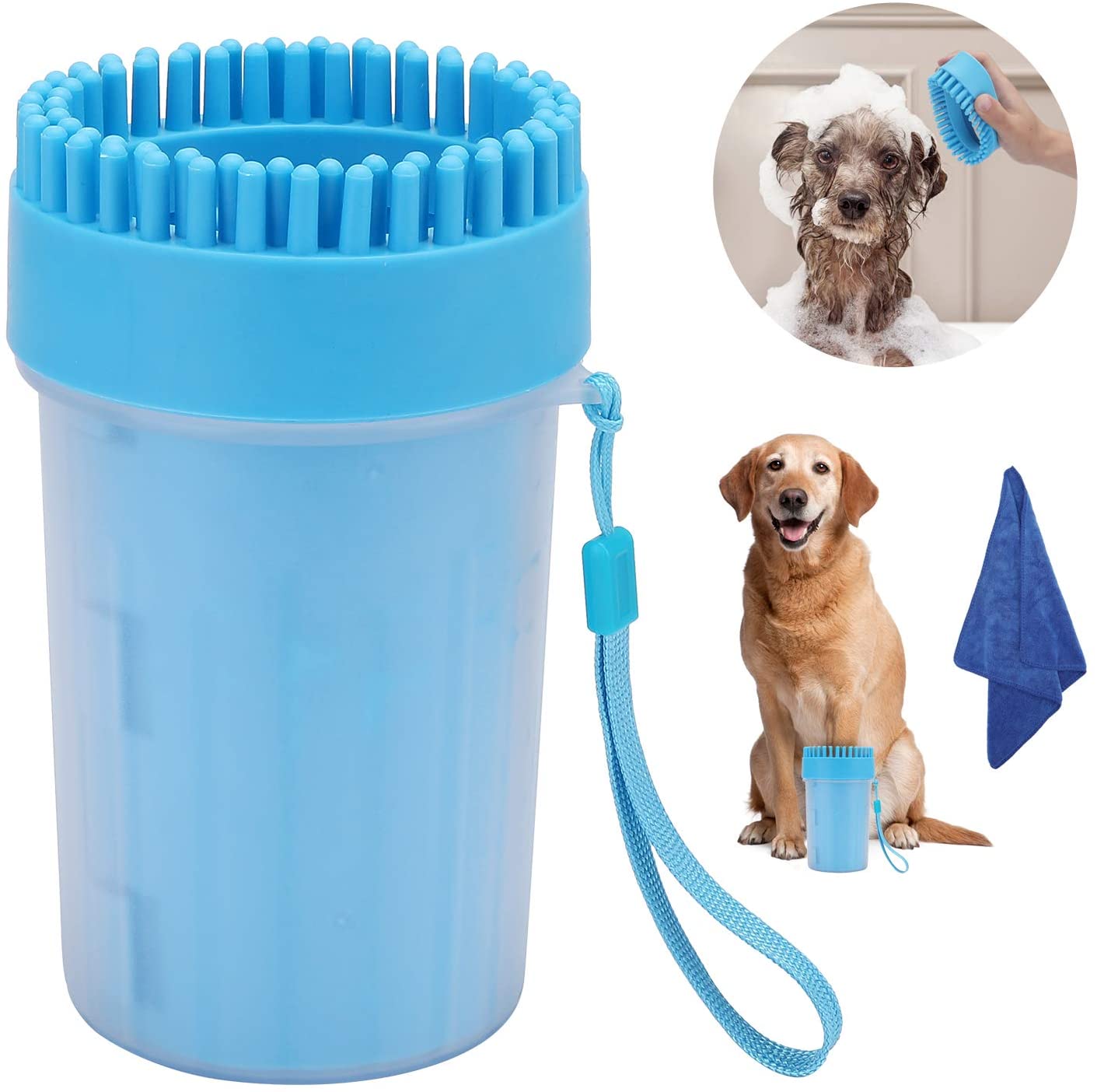  EKKONG Limpiador de Huellas de Perro, Lavadora de pies de Perro, Mascota portátil Limpiador con Toalla para Limpiar Pies Sucios de Mascotas (Azul) 