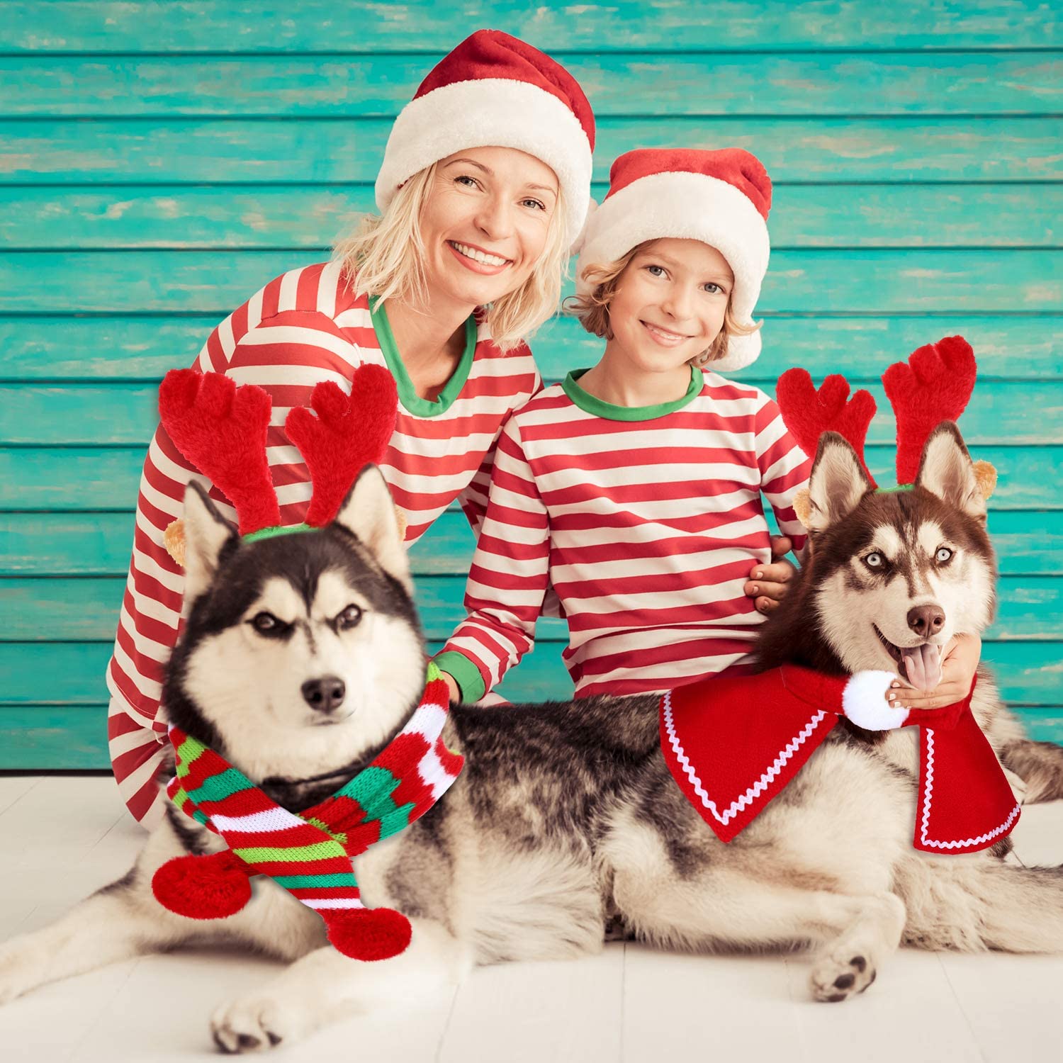  Frienda Astas Reno Navideño con Orejas, Conjunto de Capa y Bufanda de Rayas Verdes Accesorios de Disfraces de Navidad de Perro, para Perros Cachorros Gatos Mascota 
