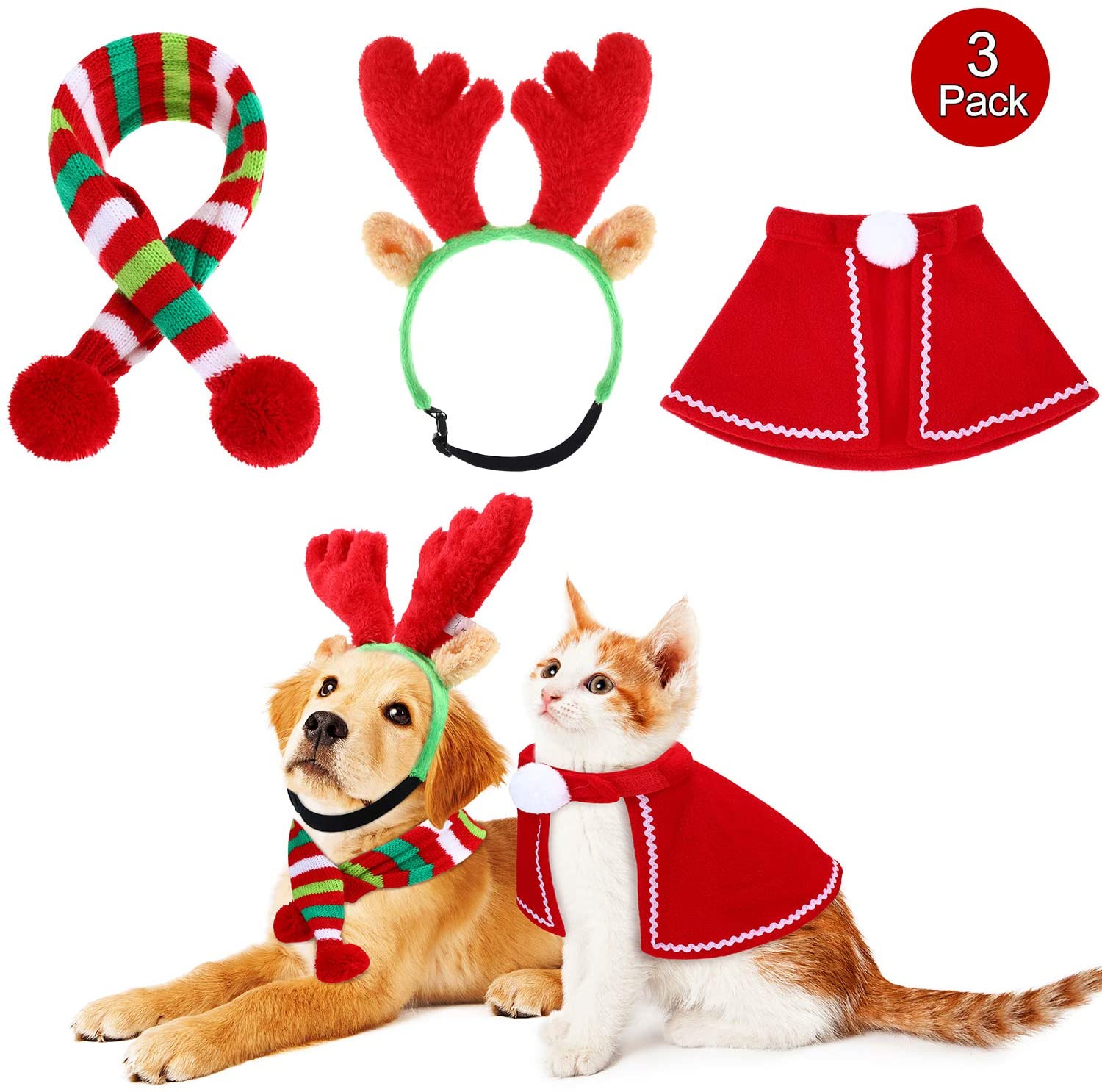  Frienda Astas Reno Navideño con Orejas, Conjunto de Capa y Bufanda de Rayas Verdes Accesorios de Disfraces de Navidad de Perro, para Perros Cachorros Gatos Mascota 