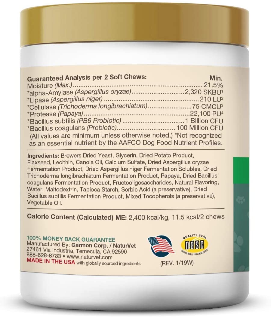  GARMON CORP NaturVet Advanced Probiotics & Enzymes Plus Vet Strength PB6 Probiotic for Dogs, Soft Chews, Made in USA 