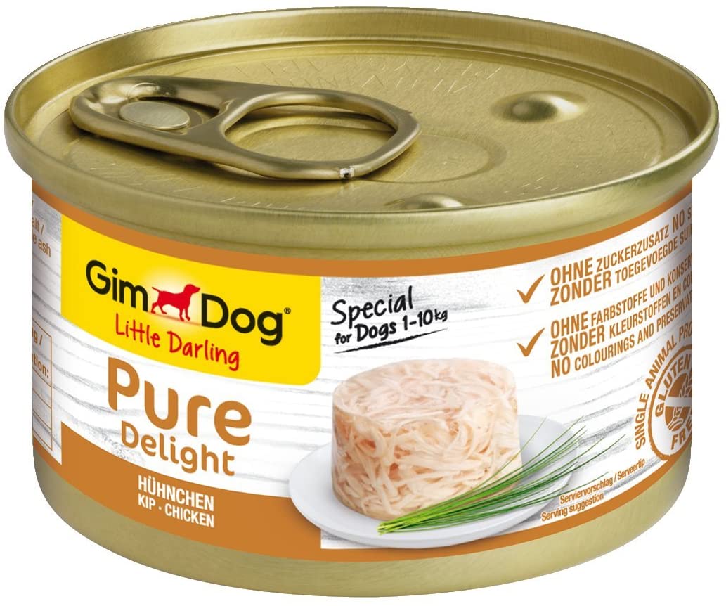  GimDog Pure Delight, pollo – Snack rico en proteínas en deliciosa gelatina – Especial para perros de hasta 10 kg – Sin azúcar añadido – 12 latas (12 x 85 g) 