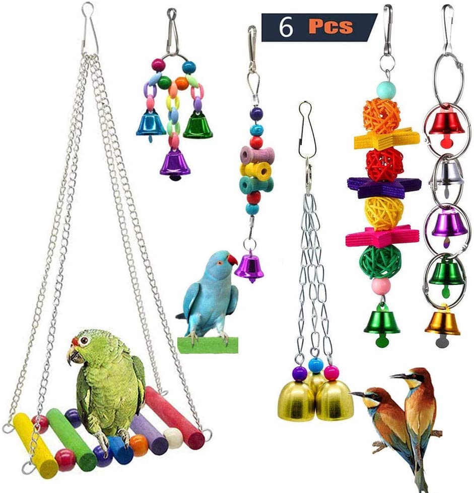  GingerUP 6 Piezas Unidades Juguetes para Pájaros Colorful Columpio para Loros Accesorios Jaula Pajaros Bite Toy con Campanas para Periquitos, Cockatiels, Loro, Periquito, cacatúas 