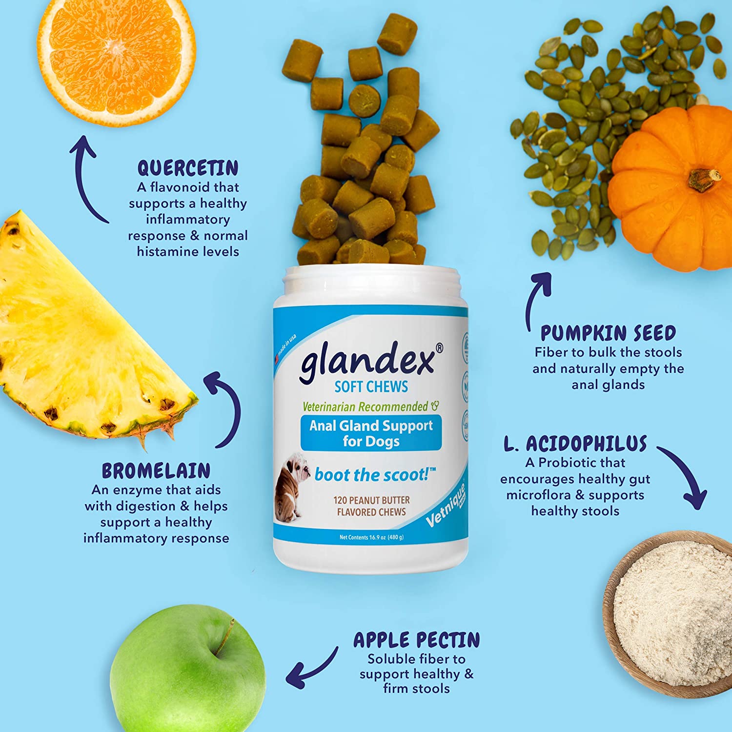  Glandex Soft Chews Suplemento de Fibra digestiva de 120 Unidades para Perros 