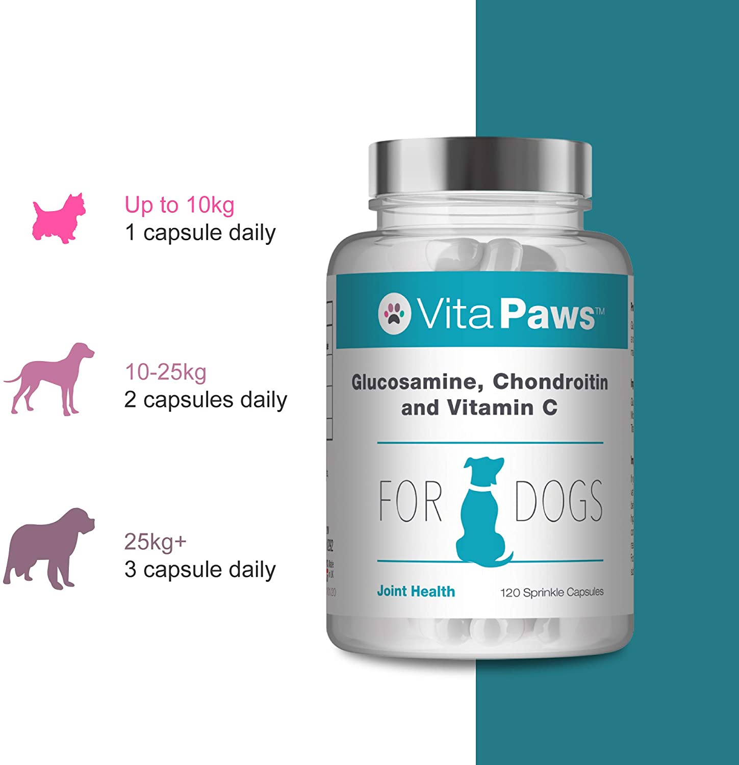  Glucosamina, Condroitina y Vitamina C para Perros - 120 Cápsulas - VitaPaws 