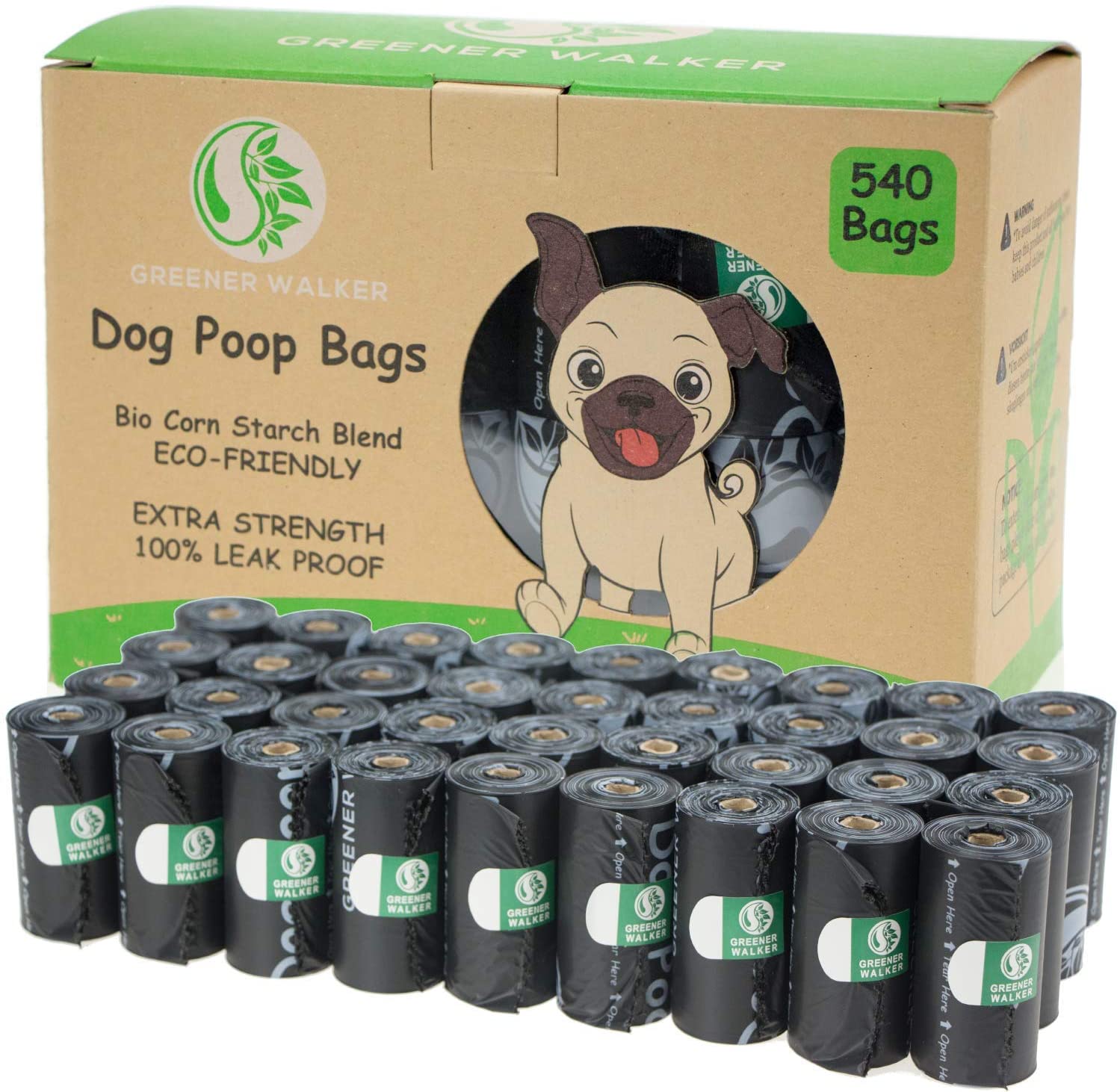  Greener Walker Bolsas para Excrementos de Perro,540 Unidades,Extra Grueso,Fuerte y 100% a Prueba de Fugas Biodegradable Bolsas para Caca de Perro(Negro) 