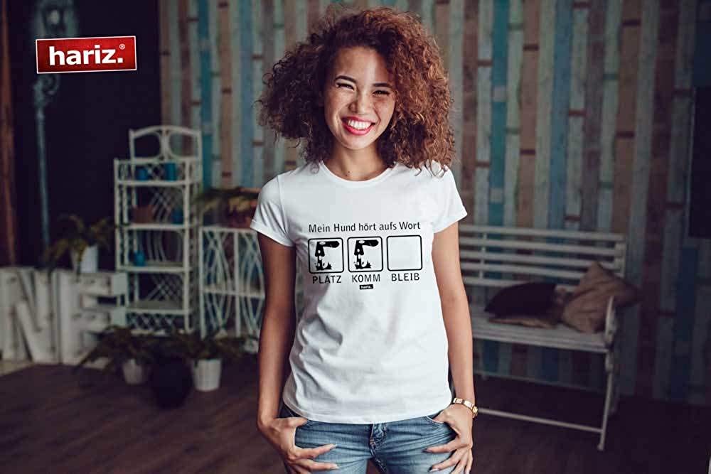  HARIZ - Camiseta de Cuello Redondo para Mujer, con Texto en alemán Mein Hund Hört Aufs Wort Hund Haustier Plus 