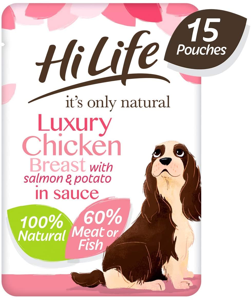  HiLife es sólo alimento natural para perros, pollo con salmón y patatas en salsa, 15 bolsas de 100 g (El embalaje puede variar) 